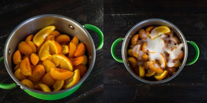 Jam dari aprikot dan jeruk: buah, tuangkan gula