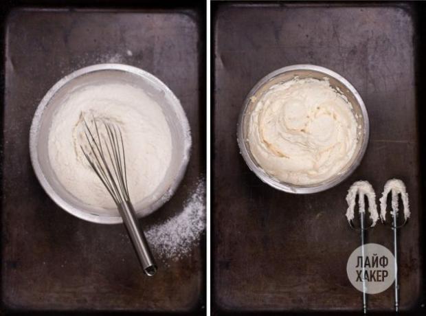 Untuk membuat kue kering dengan isian coklat à la fondant, campur campuran tepung di satu mangkuk dan mentega di mangkuk lainnya.