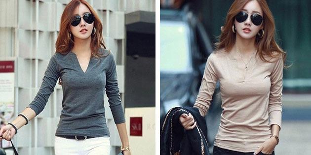 wanita dasar t-shirt dari toko-toko Eropa: Basic monokrom Lengan Panjang Kaos