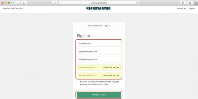 Bagaimana untuk membeli pada Kickstarter: masukkan nama, email dan password, lalu klik tombol hijau