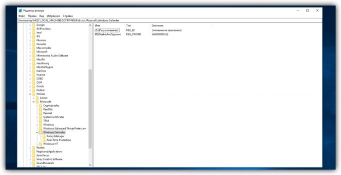 Cara menonaktifkan "Windows pembela»: Di panel kiri jendela Registry, menavigasi ke HKEY_LOCAL_MACHINE direktori → SOFTWARE → Kebijakan → Microsoft → Windows Defender
