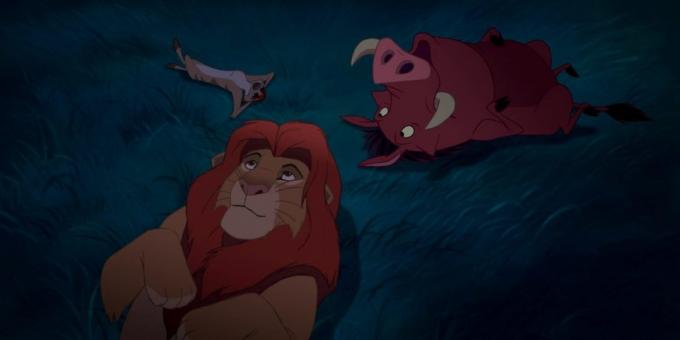 Kartun "The Lion King": Simba, Timon dan Pumbaa berada di bawah langit malam dan berpikir tentang sifat bintang
