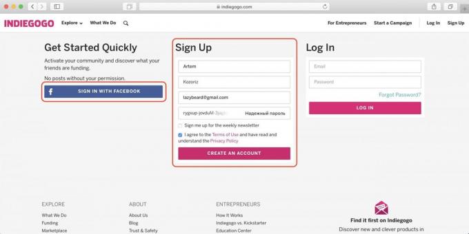 Bagaimana untuk membeli pada Indiegogo: masukkan nama, email dan password, atau tanda dengan Facebook