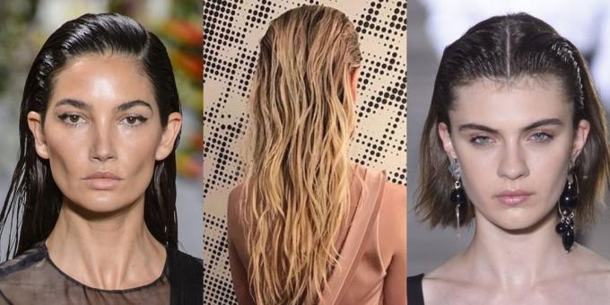 Gaya rambut untuk Tahun Baru: peletakan efek rambut basah