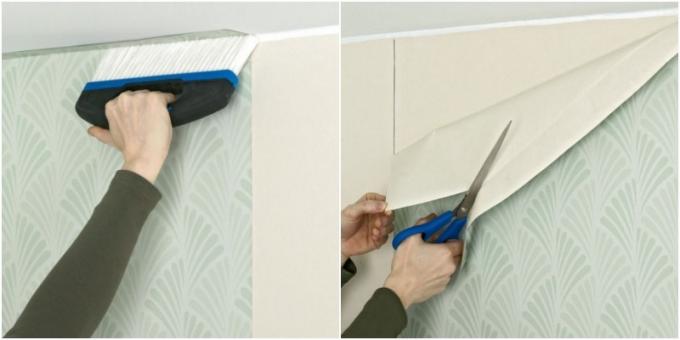 Seperti lem wallpaper: Cut off kelebihan wallpaper di bagian atas dan bawah