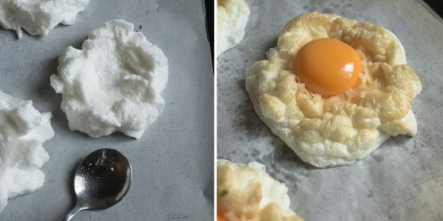Orak-arik telur: resep. Tambahkan keju parut, kuning mentah di tengah dan kembalikan semuanya ke oven