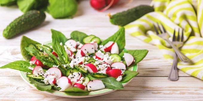 Salad dengan coklat kemerah-merahan, lobak, dan keju cottage