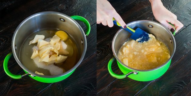 Klasik "Medovik" dengan krim asam: campur telur, mentega, gula dan madu