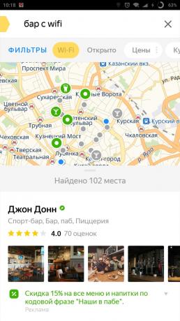 "Yandex. Peta "kota: Cari wi-fi