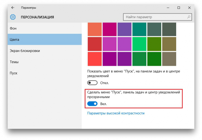 Konfigurasi Windows 10: transparansi menu sistem