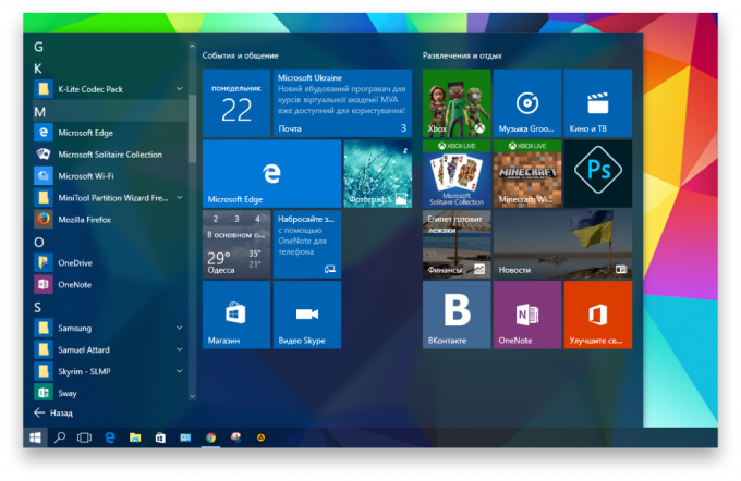 program di Windows 10: Menu