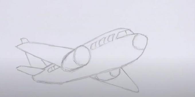 Cara menggambar pesawat terbang: gambar lubang intip, kaca, dan mesin
