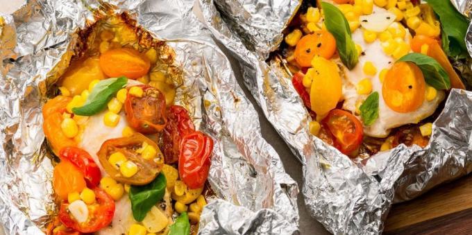 Resep untuk panggangan: dada ayam dengan sayuran di foil