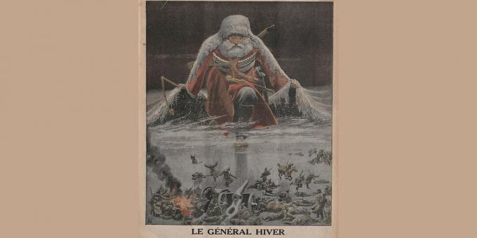 Sejarah Kekaisaran Rusia: "Jenderal Musim Dingin sedang memajukan tentara Jerman", ilustrasi oleh Louis Bomblay dari Le Petit Journal, Januari 1916. 