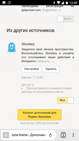 Yandex. Opsi browser addon