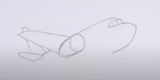 Cara menggambar pesawat: gambarkan hidung, ekor, dan sayap
