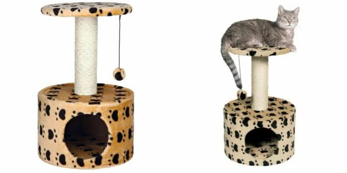 Rumah untuk kucing: dengan mainan dan tiang cakaran
