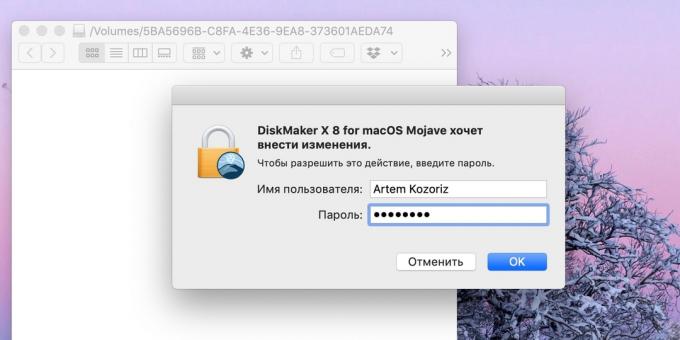 Cara membuat USB bootable flash drive dengan MacOS: masukkan password administrator