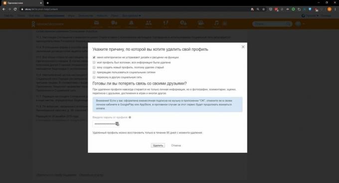 Cara menghapus profil di Odnoklassniki: klik Hapus