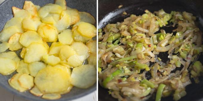 Kentang omelet: Goreng bawang dan kentang