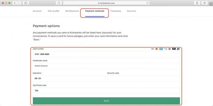 Bagaimana untuk membeli pada Kickstarter: klik tab Metode pembayaran, masukkan rincian kartu Anda, kode pos dan klik Simpan