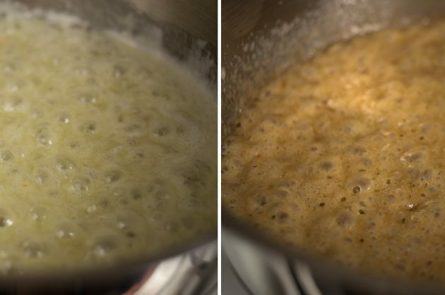 Cara membuat pancake Prancis: setelah 3-4 menit, karamel akan mendapatkan rona cokelat keemasan yang menyenangkan