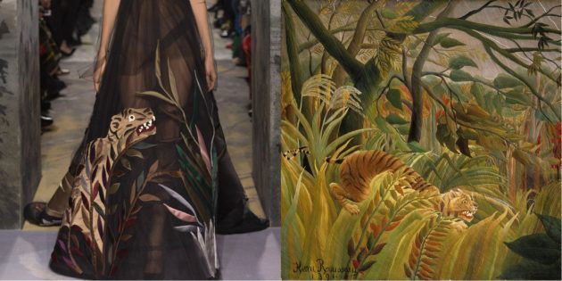 Model Valentino dan sebuah lukisan karya Henri Rousseau "Tiger di badai tropis"