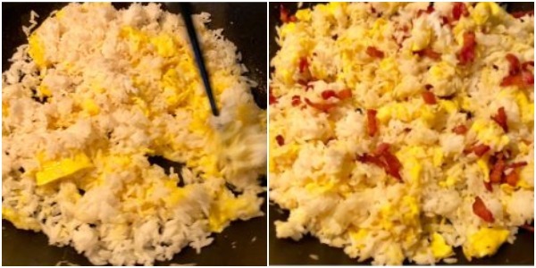 Cara memasak nasi goreng dengan telur: Ketika nasi hangat, tambahkan daging, saus garam dan kecap dan aduk rata