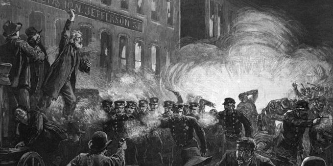 Ledakan di Haymarket Square di Chicago pada tanggal 1 Mei 1886, tempat Hari Buruh dimulai