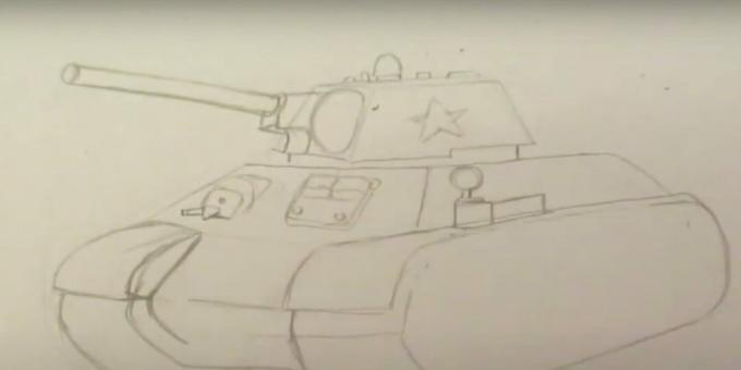 Cara menggambar tank: gambar senapan mesin frontal dan palka mekanik 