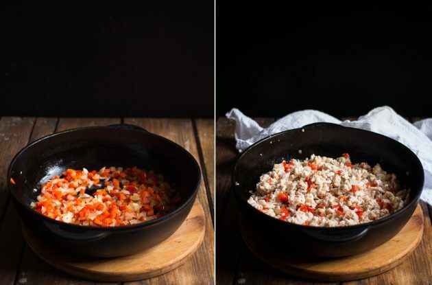 Cara membuat enchilada: tumis bawang bombay, paprika, dan daging cincang