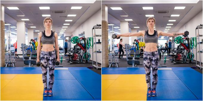 Pelatihan di gym: Mengangkat dumbbells ke sisi