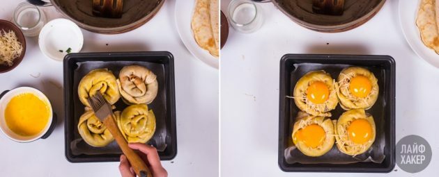 Tutupi pancake roll dengan telur