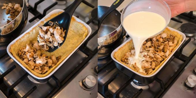 Quiche dengan ayam dan jamur: Tambahkan isian dan mengisi