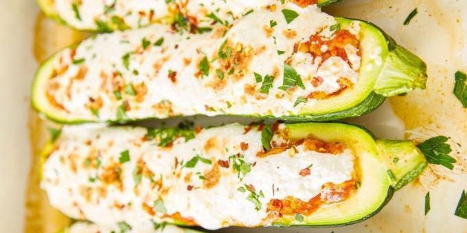 Resep zucchini dalam oven: Perahu zucchini dengan daging dan ricotta