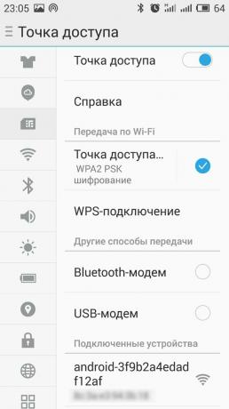 Bagaimana mendistribusikan internet dari telepon Anda ke Android: Cari judul sub-menu seperti "penarikan" atau "Access Point"