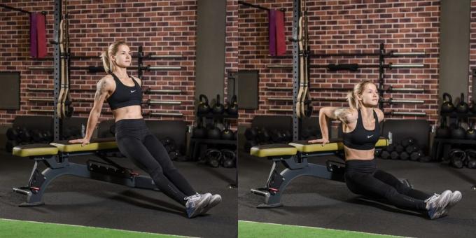 Program untuk anak perempuan melatih di gym: Reverse push-up di bangku