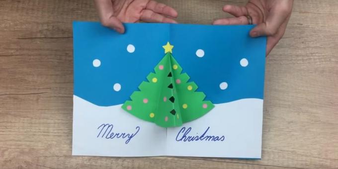 kartu Natal dengan tangan Anda sendiri dengan pohon Natal di dalam volumetrik