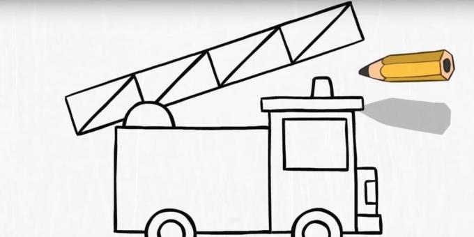 Cara menggambar truk pemadam kebakaran: tambahkan tangga dan suar