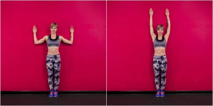 Cara memperbesar payudara dengan olahraga: angkat tangan ke dinding