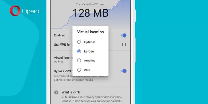 Built-in VPN untuk Android-perangkat dengan Opera beta: pemilihan wilayah