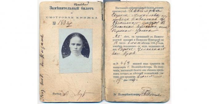 Sejarah Kekaisaran Rusia: sertifikat pelacur untuk hak bekerja di pameran Nizhny Novgorod tahun 1904-1905.