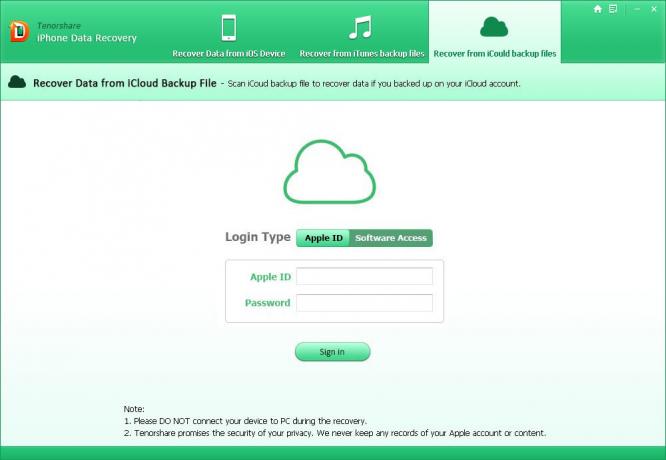 Tenorshare iPhone Data Recovery: otentikasi menggunakan akun iCloud