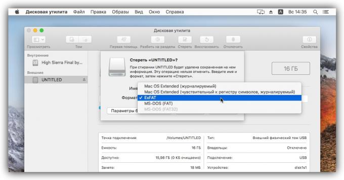 Pilih exFAT, ke flash drive kompatibel dengan kedua MacOS, Windows dan dengan