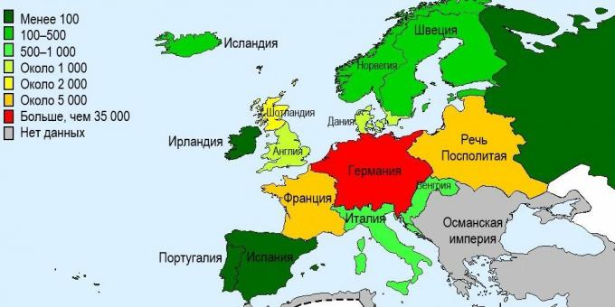 Jumlah penyihir yang terbunuh di negara-negara Eropa pada abad ke 15-17.